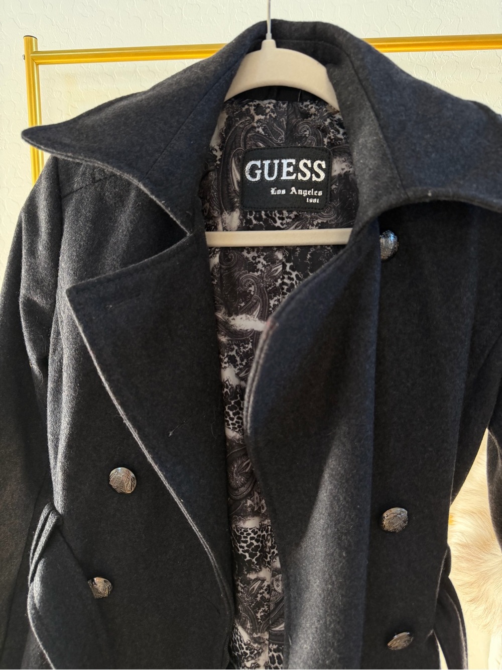 GUESS Black Double-Breasted Pea Coat with Paisley Lining